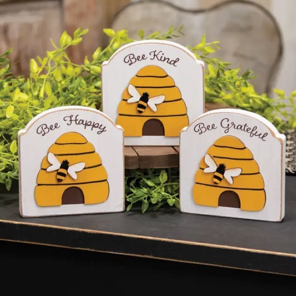Honey Bee Wooden Shelf Sitters Set of Three Cottagecore Decor Farmhouse Buzz